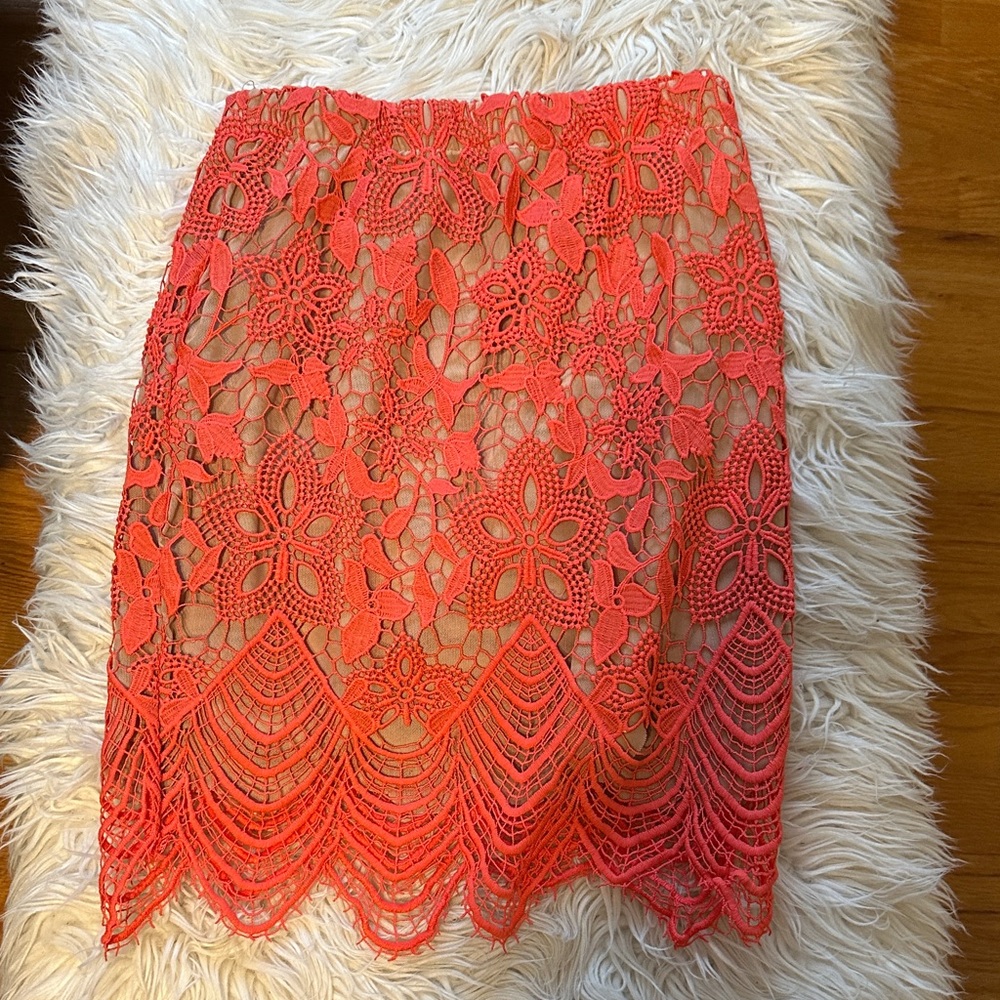 L'ATISTE Vibrant Coral Lace Pencil Skirt